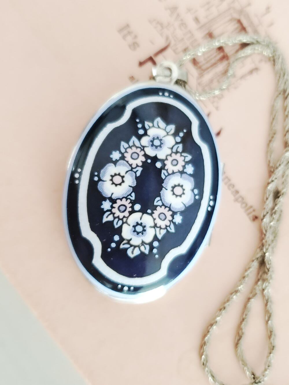 Vintage Michaela Frey Blue & White Floral Enamel Locket Sterling Silver Necklace